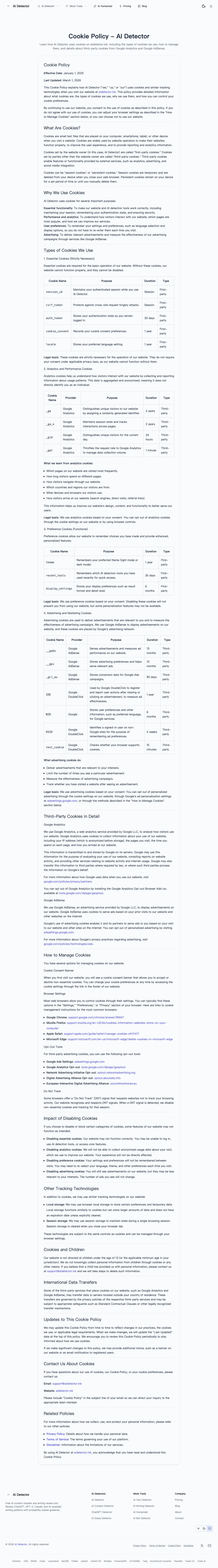 AI Detector's Cookie Policy page, captured on July 19, 2026