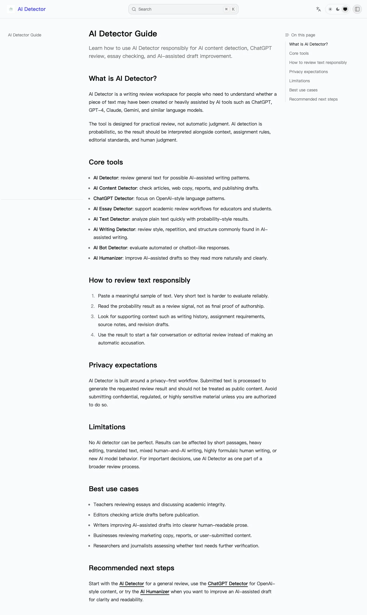 AI Detector's documentation page, captured on July 19, 2026