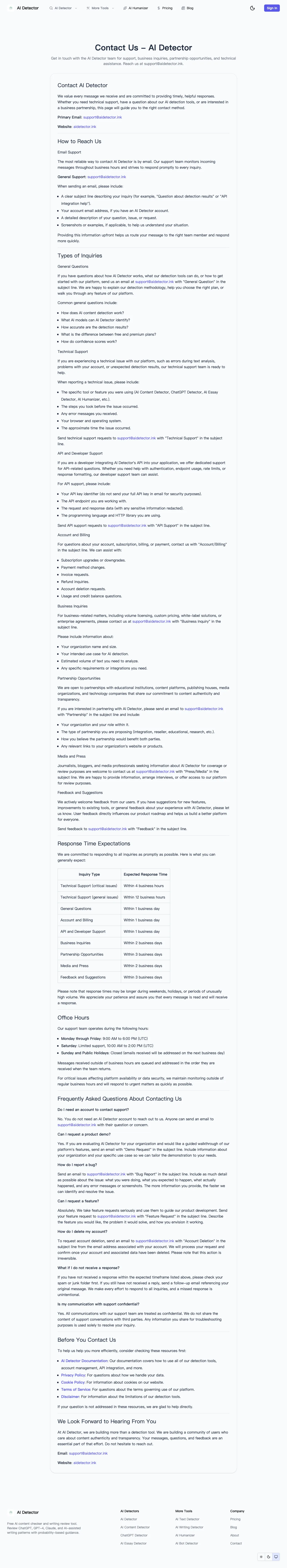 AI Detector's Contact page, captured on July 19, 2026