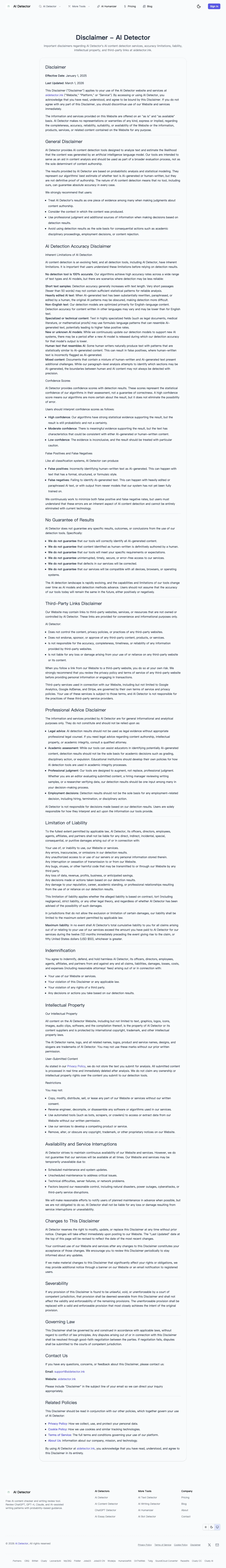 AI Detector's Privacy Policy page, captured on July 19, 2026