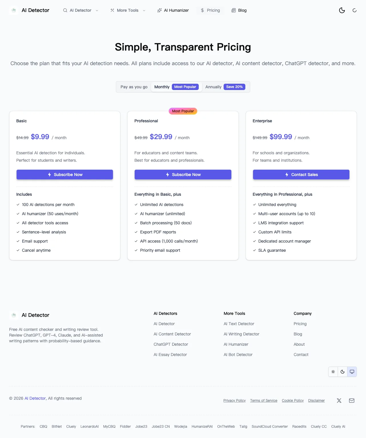 AI Detector's Pricing page, captured on July 19, 2026
