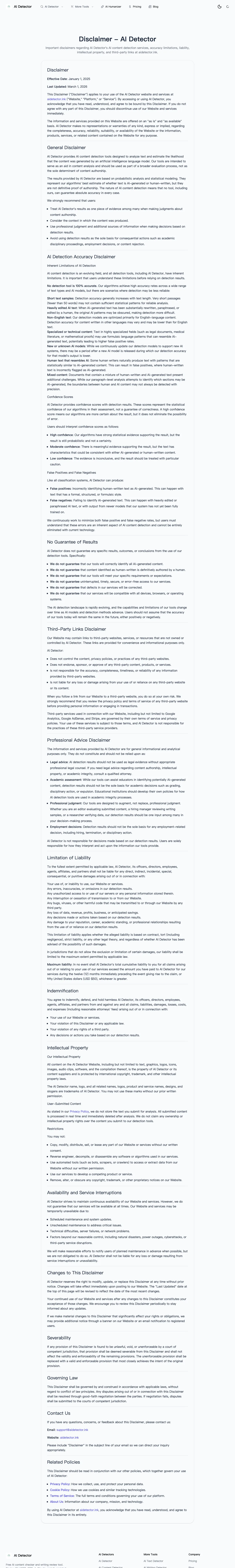 AI Detector's Disclaimer page, captured on July 19, 2026